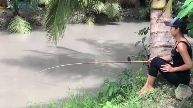 【视频】越南美女真会玩，挑战臭水沟钓大鱼，这真的能吃吗_视频封面